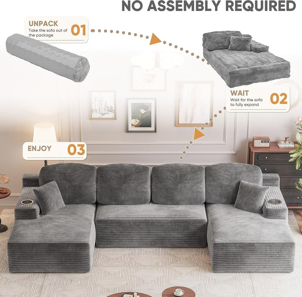 Homall 142' Boneless Couch, Modular Sectional Sofa, No Assembly Required, Memory Foam Filling, Corduroy U-Shaped Sofa, Movable Multi-Person Couch for Living Room (Grey)
