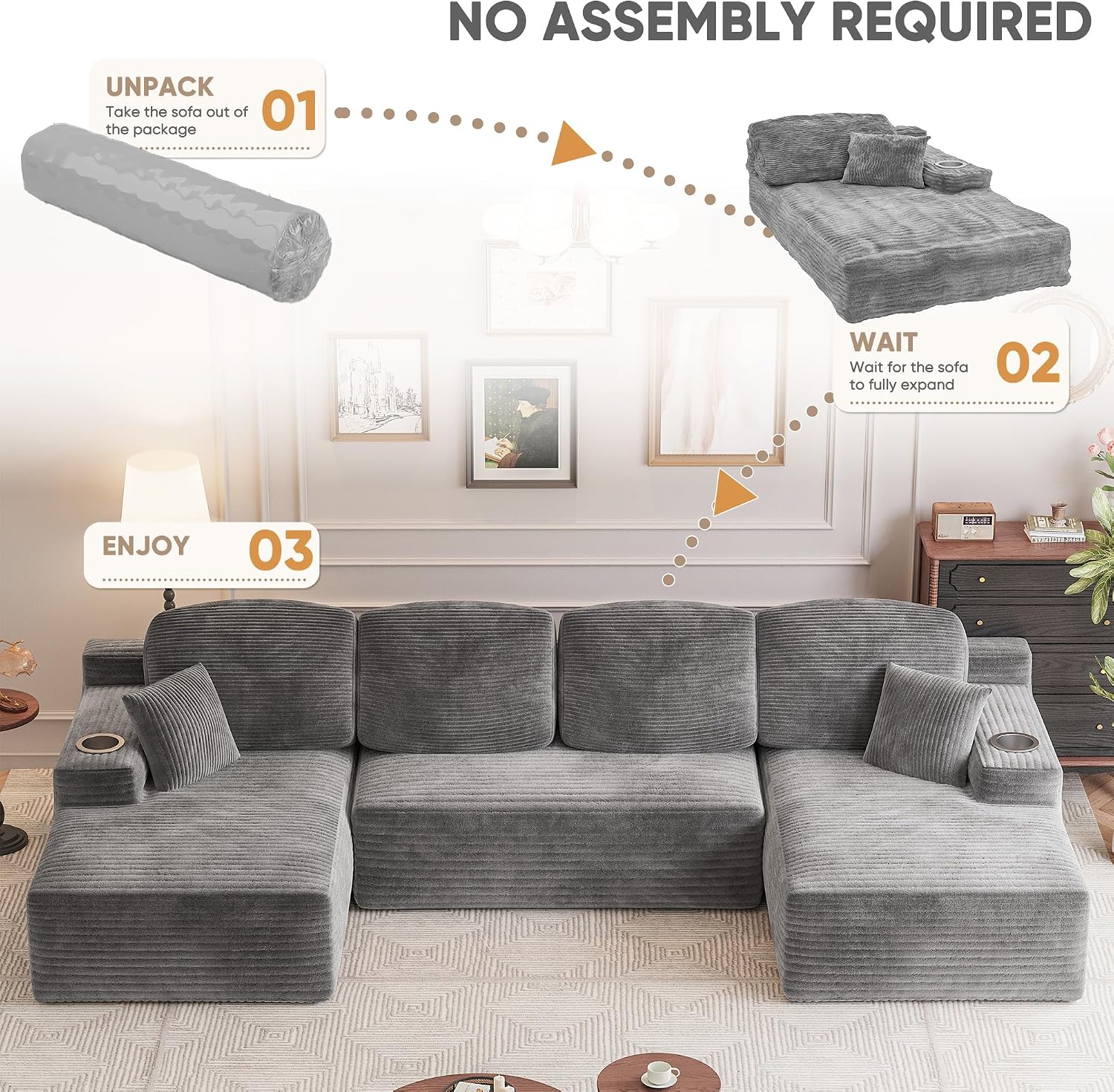 Homall 142' Boneless Couch, Modular Sectional Sofa, No Assembly Required, Memory Foam Filling, Corduroy U-Shaped Sofa, Movable Multi-Person Couch for Living Room (Grey)