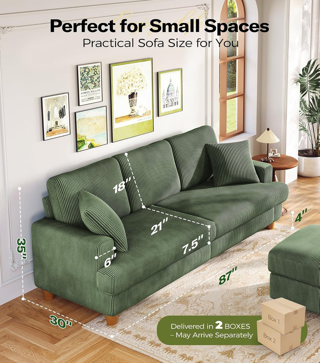 87in Corduroy Couch, Kidirect Sofa No Tool Assembly, Comfy Couches for Living Room 21in Deeper Seats, Corduroy Sofas for Living Room with 2 Pillows, Oversized Loveseat Sofa, Boho Love Seat Green Couch