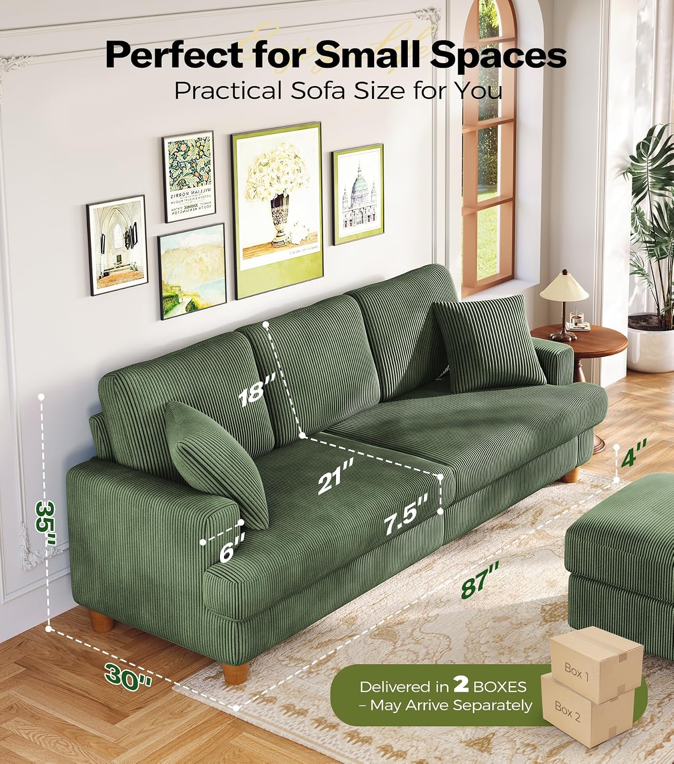 87in Corduroy Couch, Kidirect Sofa No Tool Assembly, Comfy Couches for Living Room 21in Deeper Seats, Corduroy Sofas for Living Room with 2 Pillows, Oversized Loveseat Sofa, Boho Love Seat Green Couch
