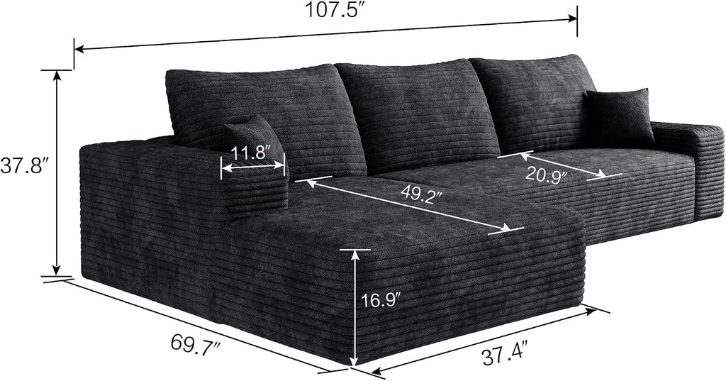 Ball & Cast 107' Cloud Sectional Couch with L-Shape Chaise,Plush Corduroy Boneless Modular Sofa with Deep Seat,Upholstered Couches for Living Room Bedroom,No Assembly Required,Black(Left Facing)