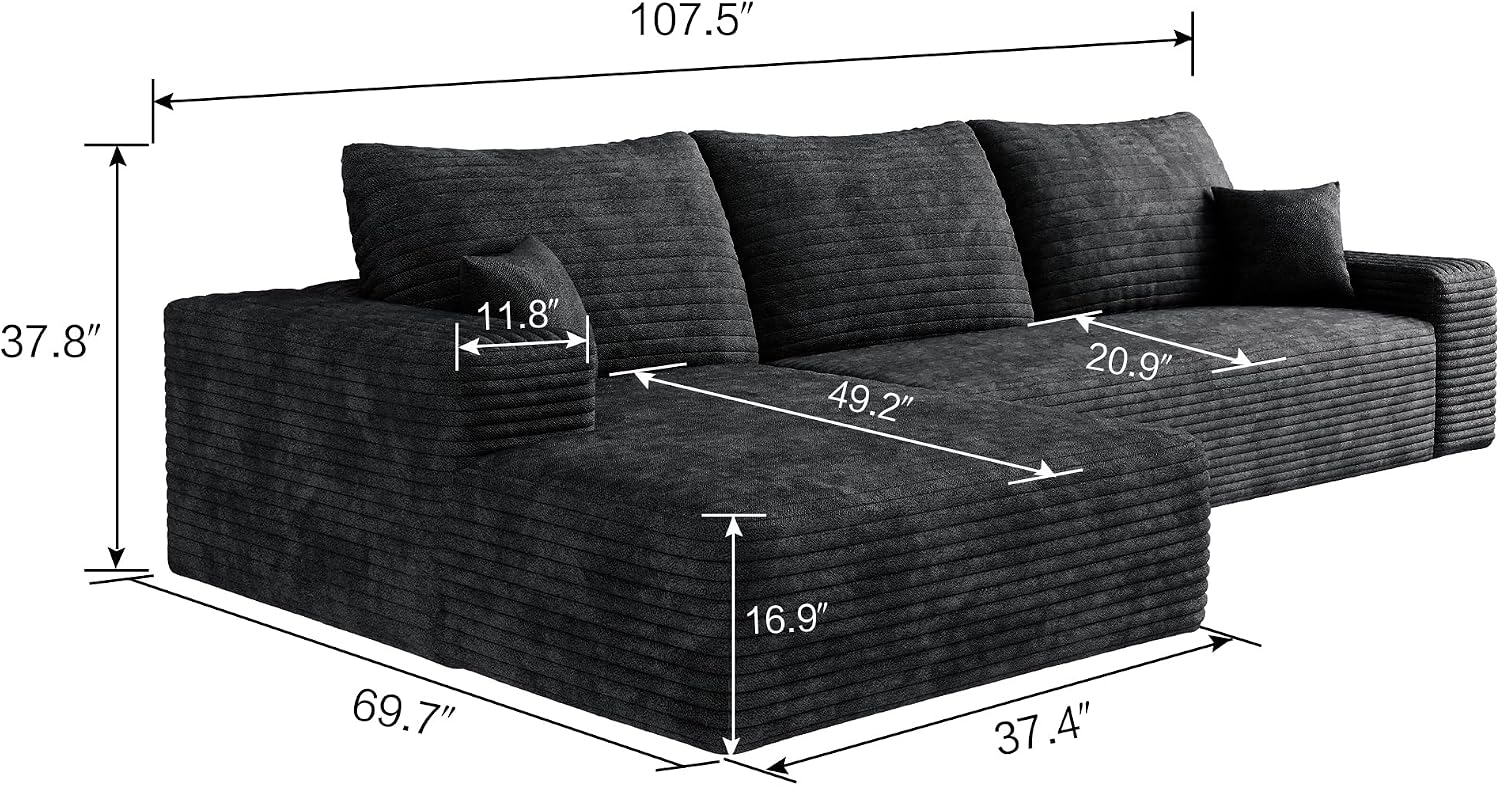 Ball & Cast 107' Cloud Sectional Couch with L-Shape Chaise,Plush Corduroy Boneless Modular Sofa with Deep Seat,Upholstered Couches for Living Room Bedroom,No Assembly Required,Black(Left Facing)