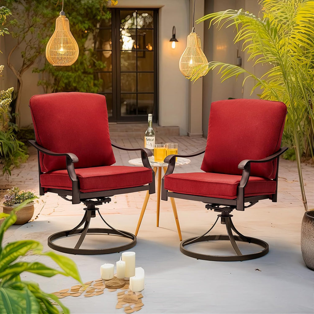 MELLCOM Patio Swivel Chair Set of 2, Heavy Duty Outdoor Dining Chairs with Thickened Cushions, Metal Patio Chairs Gentle Rocker for Outside, Garden Lawn & Porch, Backyard, Red
