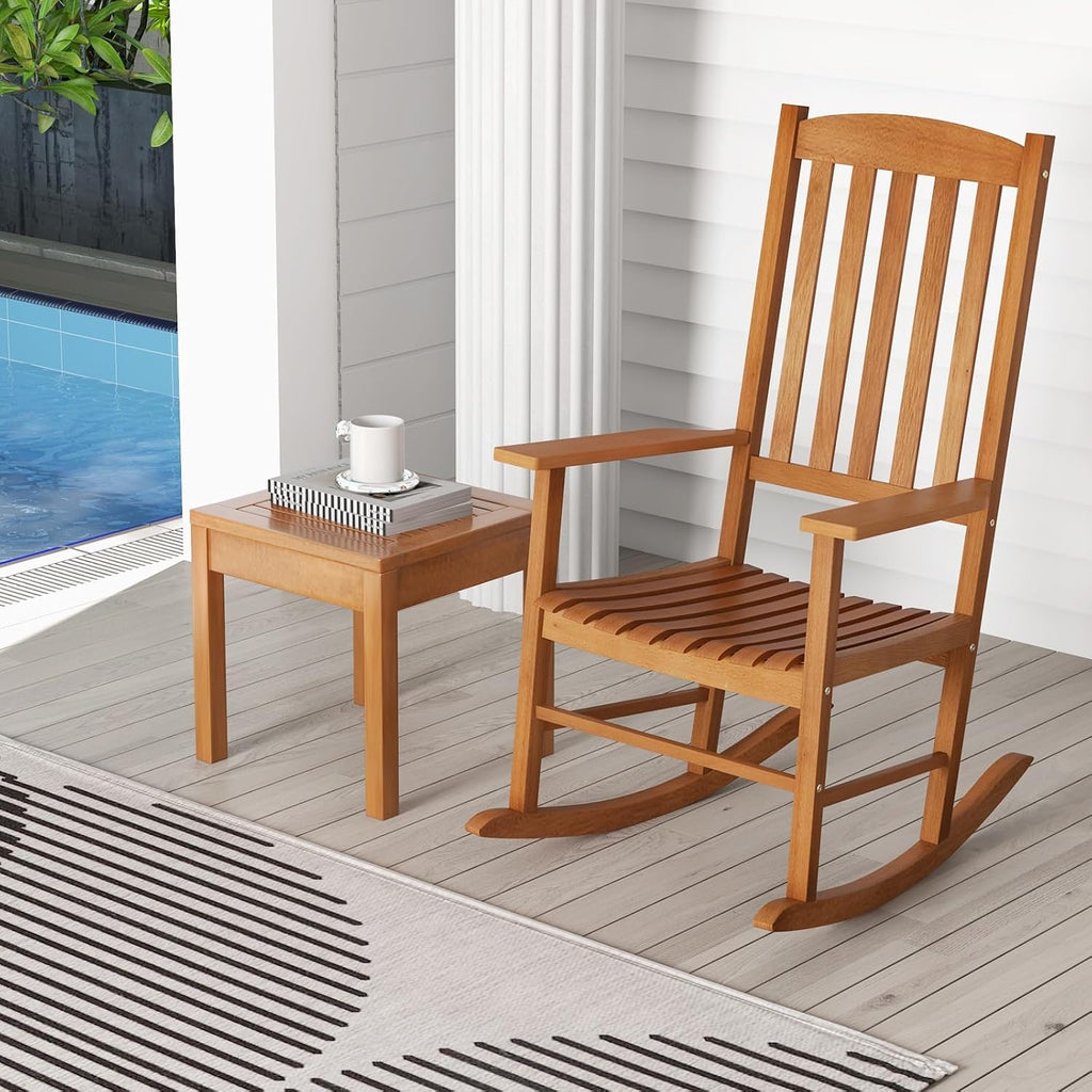 Tangkula Patio Rocking Chair with 400 lbs Weight Capacity, Eucalyptus Wood Porch Rocker with High Back, Patio Rocker Chair for Indoor and Outdoor Use (1)