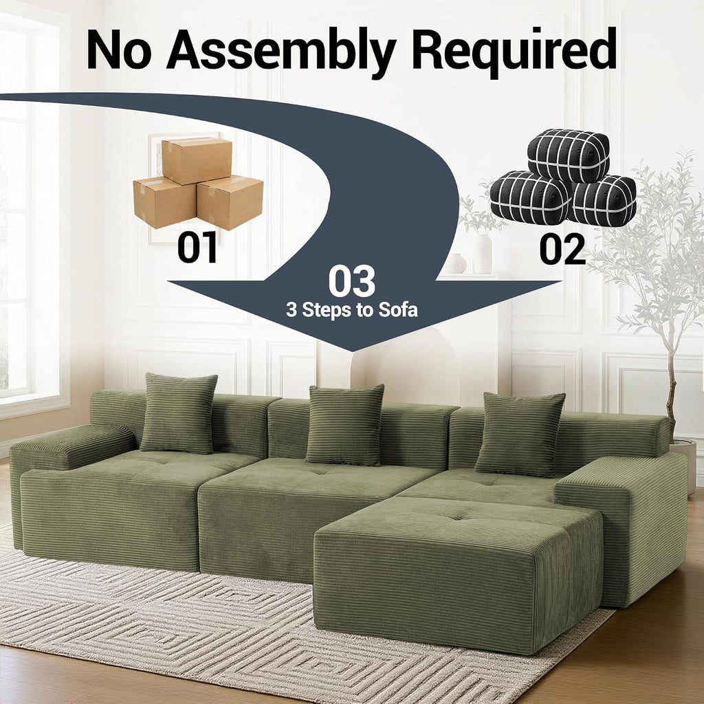 119'' Modular L-Shaped Boneless Sectional, Corduroy Deep Seat Cloud Sectional Couch, Small Space Sofa for Apartment Living Room Bedroom, No Assembly, Green