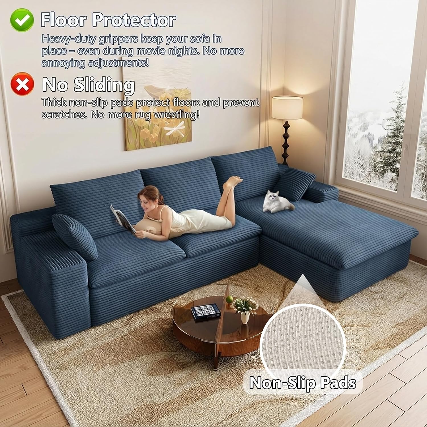 107' Cloud Couch Modular Sectional Sofa for Living Room, L-Shape Boneless Couch with Deep Seat, Modern Corduroy 3-Seater, No Assembly Required (Blue,Right-Facing Chaise)