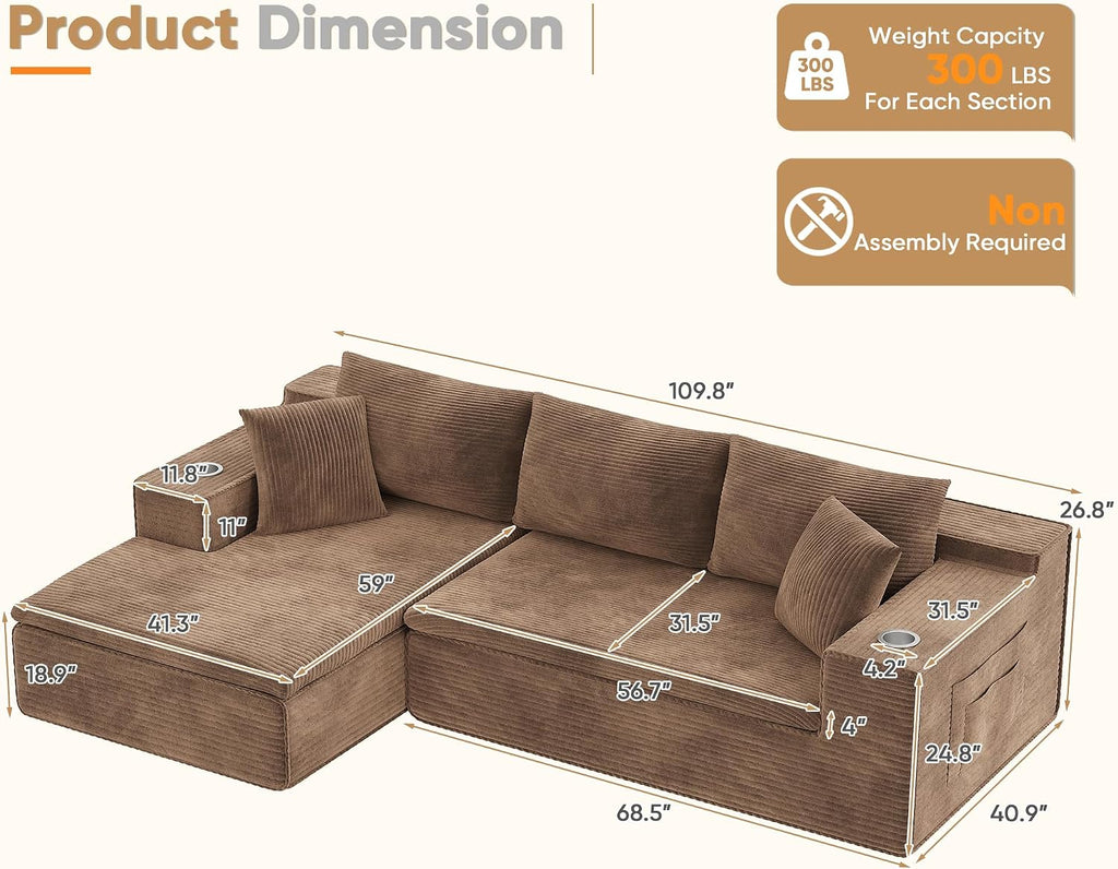 Homall 109' Boneless Couch with Memory Foam, Modular Sectional Sofa with L-Shape Chaise, Cloud Couch with Deep Seat, Dual Cup Holders & Side Pockets, No Assembly Required (Brown)