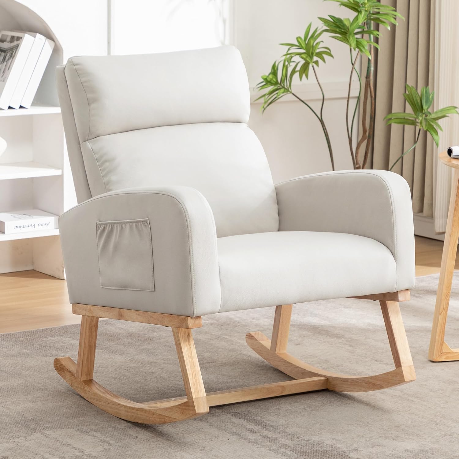 HCHAIRH Rocking Chair Nursery, Modern Nursing Glider Rocking Chairs Comfy Rocker Armchair with Solid Wood Legs for Nursery Living Room, Bedroom (Pu Beige)
