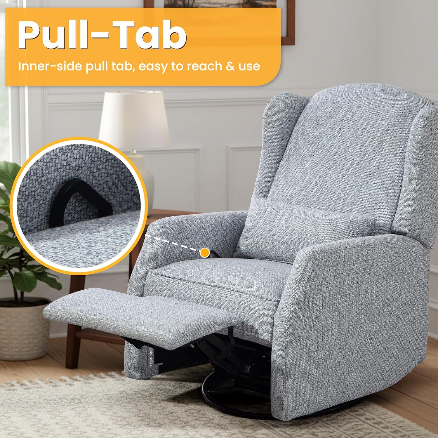 Nursery Swivel Glider Recliner Chair with Segmented Footrest, Modern 360° Rocking Manual Motion Sofa with Lumbar Pillow, Detachable Wings & Armrest for Living Room, Bedroom (LightGray)