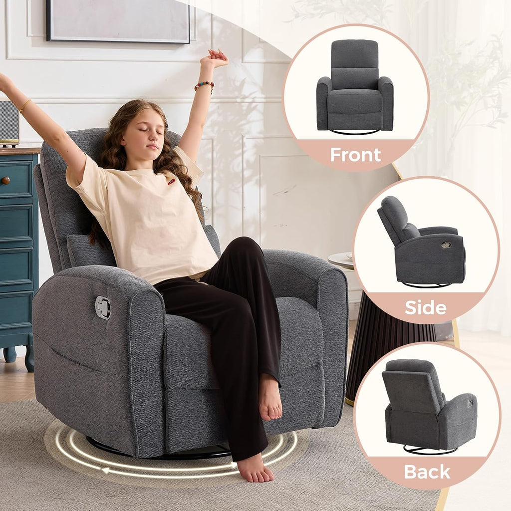 Swivel Rocker Recliner, Manual Swivel Glider Recliner Chair with Adjustable Headrest and Lumbar Support, Upholstered Rocking Recling Chairs for Adults Nursery, Living Room, Bedroom, Dark Grey