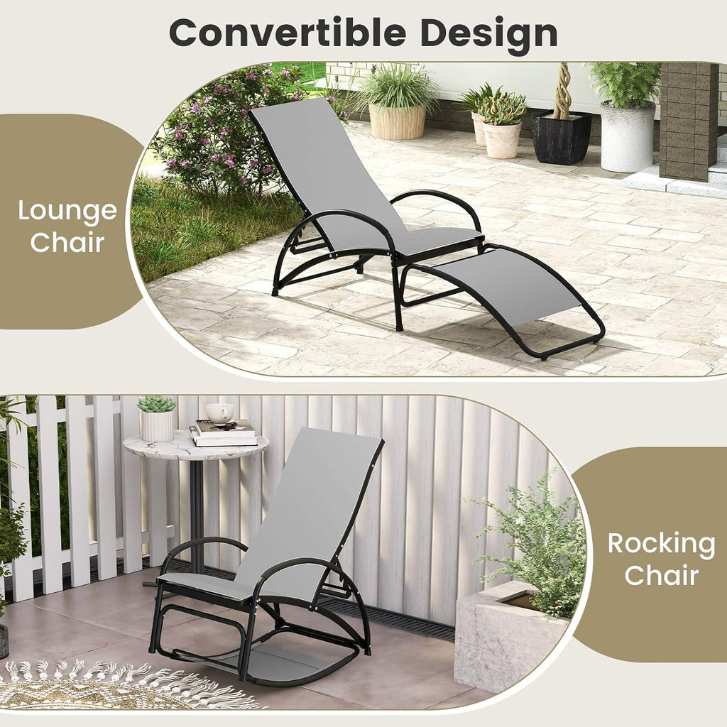 Tangkula Outdoor Rocking Chair Set of 2, 2-in-1 Convertible Lounge Chair with 4-Level Adjustable Backrest, Heavy-Duty Aluminum Frame, Patio Sun Lounger Rocker for Porch, Poolside, Backyard, Garden