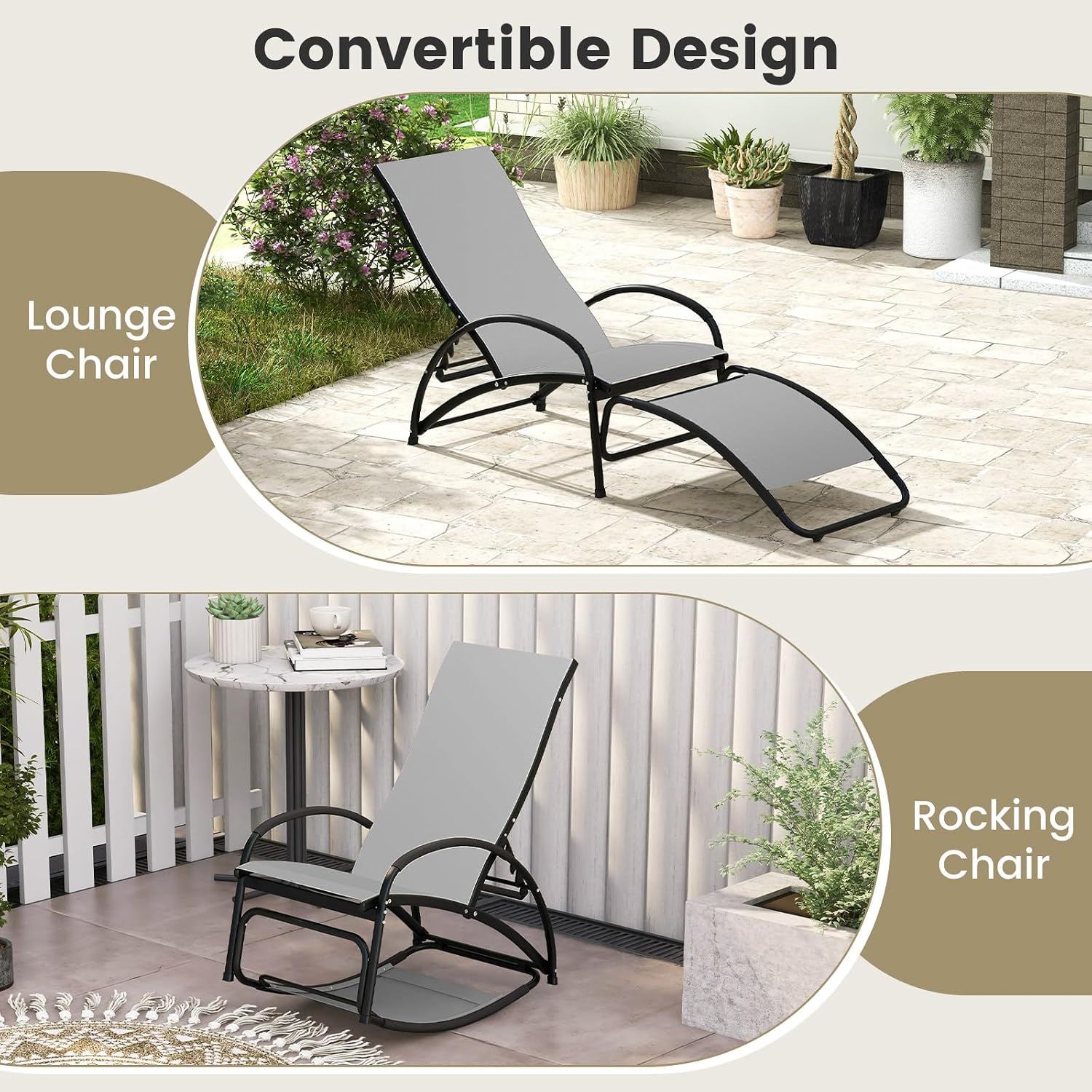 Tangkula Outdoor Rocking Chair Set of 2, 2-in-1 Convertible Lounge Chair with 4-Level Adjustable Backrest, Heavy-Duty Aluminum Frame, Patio Sun Lounger Rocker for Porch, Poolside, Backyard, Garden