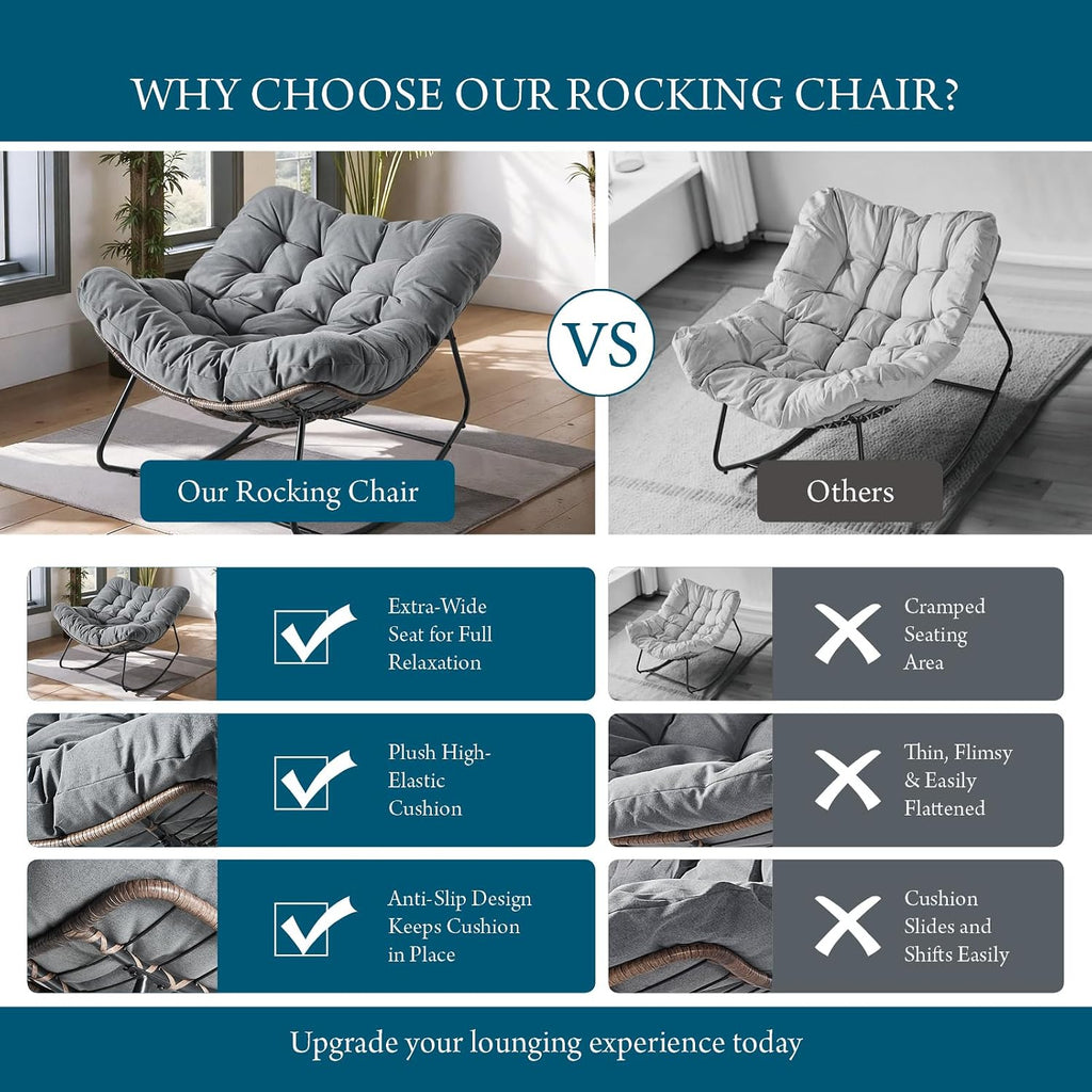 Outdoor Rocking Chair, Oversized Papasan Wicker Lounge Chair with Cushion, Relaxing Patio Rocker, Indoor Reading Egg Chair for Porch, Patio, Bedroom, Garden (Dark Grey)