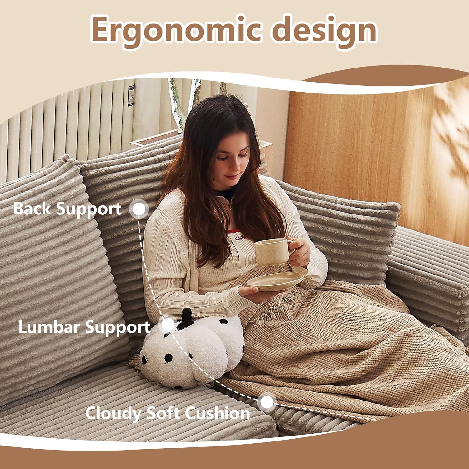 134.2' Modular Sectional Sofa, Modern Corduroy Cloud Couch with Deep Seat, Boneless Couch Upholstered 4-Seater U-Shaped Sofa for Living Room, No Assembly Required (Camel)
