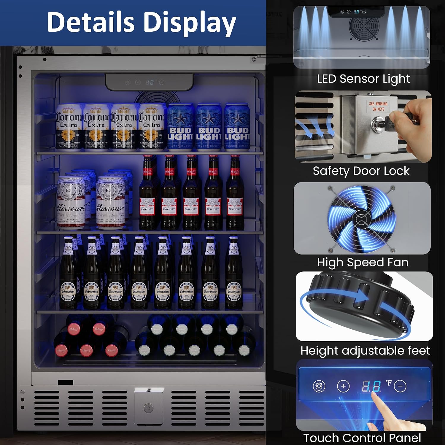 SUNVIVI Outdoor & Indoor Beverage Refrigerator, 24 Inch Stainless Steel Under Counter Drink Fridge, Silver Weatherproof Can Cooler Wine Chiller with Lock for Kitchen, Office, Patio, Bar, Home