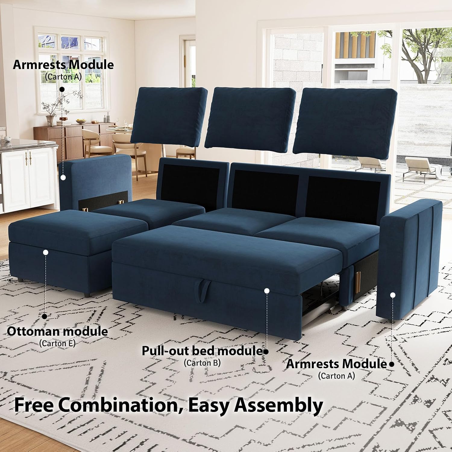 Belffin Modular Sectional Sofa with Sleeper Sofa Couch Pullout Bed, 133' L Shaped Sleeper Sectional Couch with Storage Seat for Living Room, Blue