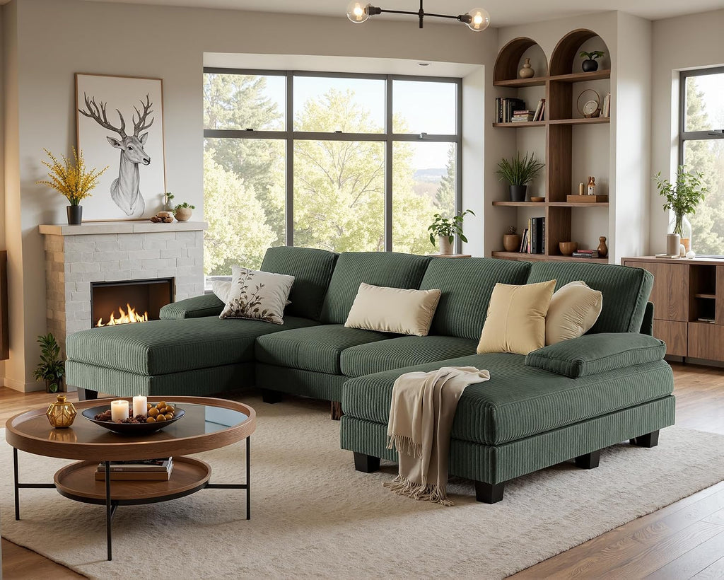 Furniwell Convertible Sectional Sofa Couch, 4 Seat Sofa Set for Living Room U-Shaped Modern Fabric Modular Sofa Sleeper with Double Chaise & Memory Foam (Corduroy, Deep Green)
