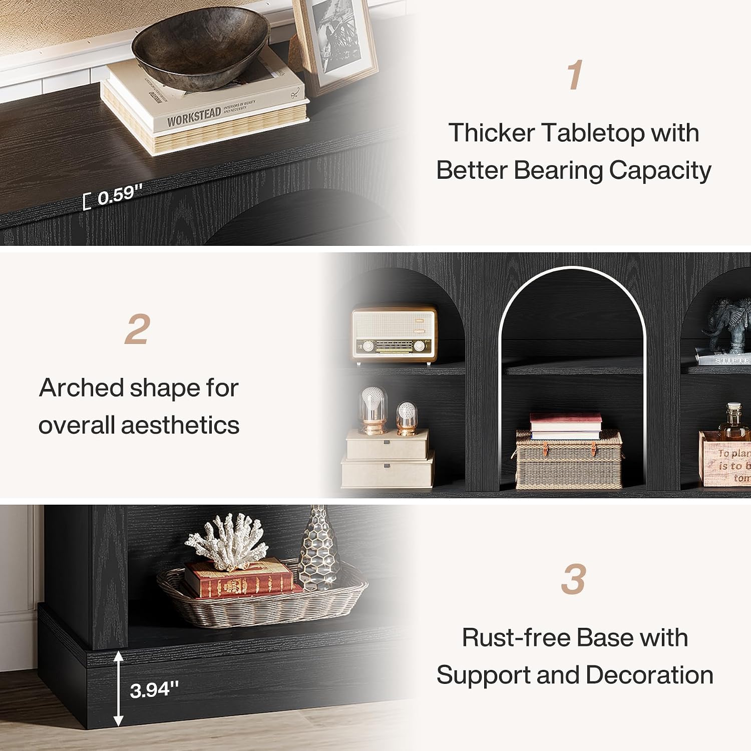 Tribesigns Farmhouse Console Table, 63-Inch Long Entryway Table with 3 Tier Storage, Wooden Rectangular Sofa Table Behind The Couch for Entrance, Hallway, Living Room, Black