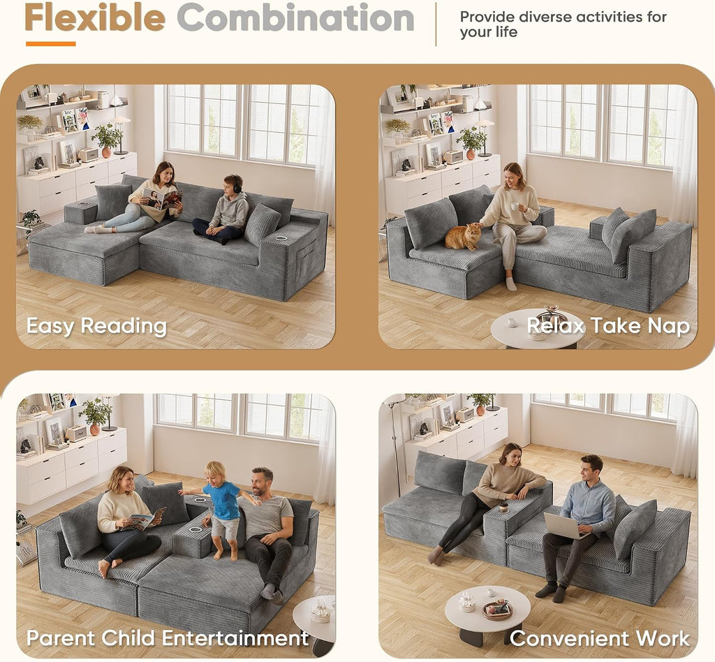 Homall 109' Boneless Couch with Memory Foam, Modular Sectional Sofa with L-Shape Chaise, Cloud Couch with Deep Seat, Dual Cup Holders & Side Pockets, No Assembly Required (Gray)