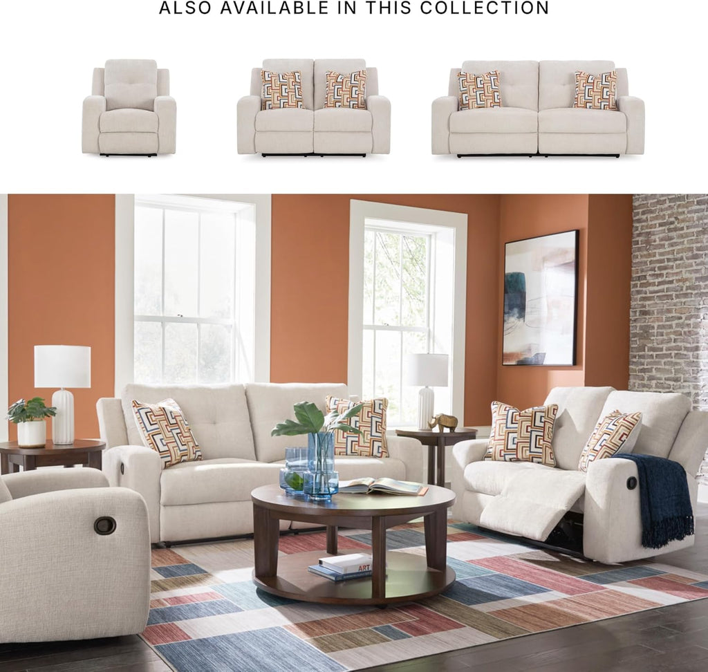 Signature Design by Ashley Danum Modern Tufted Manual Reclining Sofa with 2 Accent Pillows, Beige