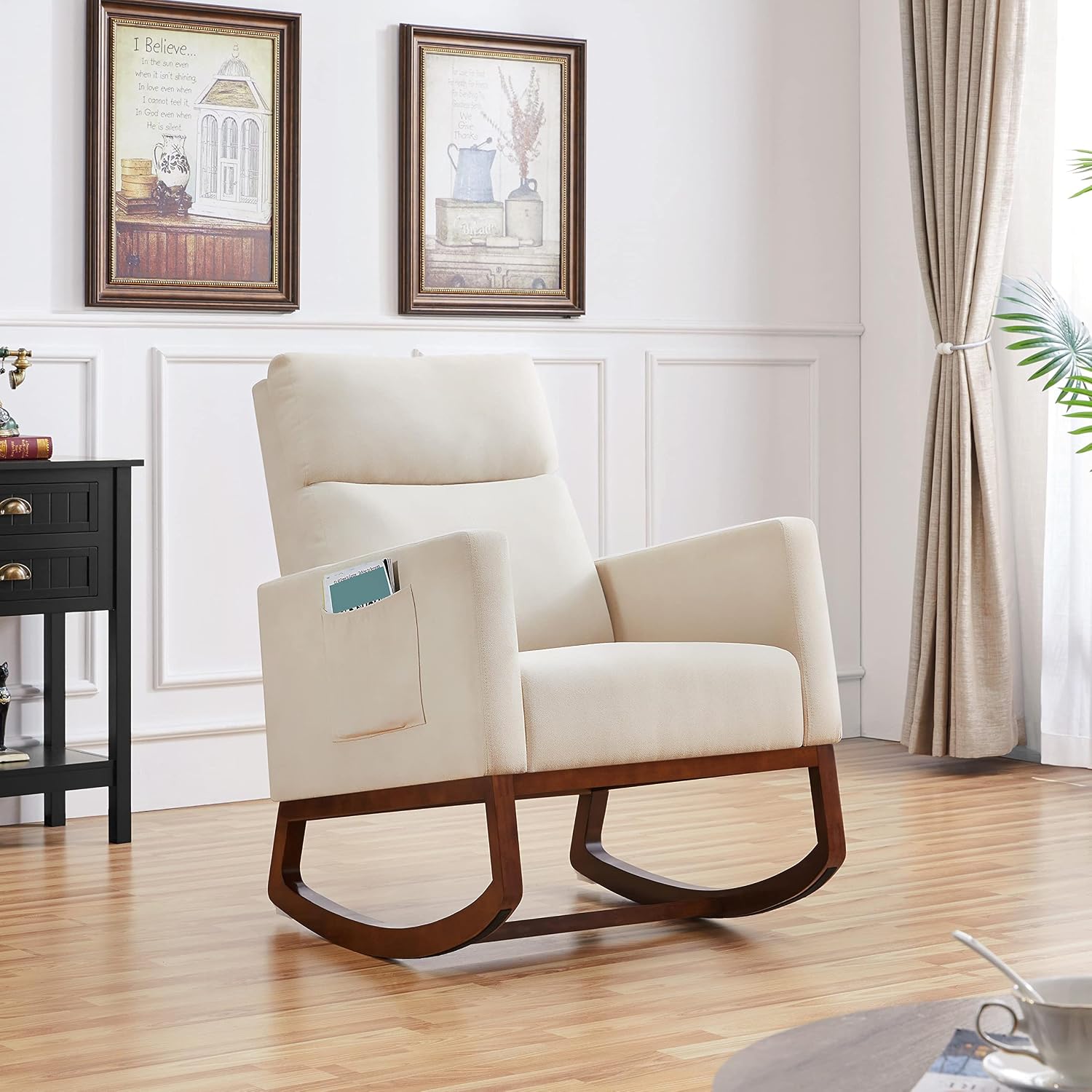 Topeakmart Upholstered Rocking Chair Nursery Modern Accent Chair with Wood Legs Side Pocket Armchair Glider Rocker for Nursery Living Room Bedroom Lounge Beige