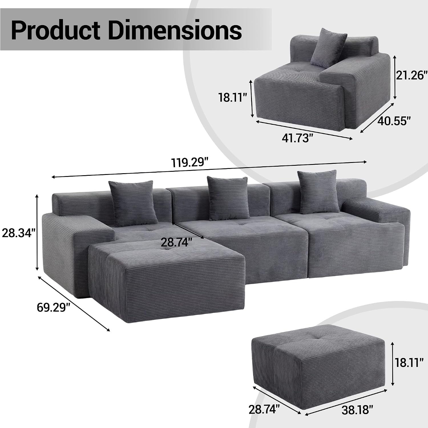 119'' Modular L-Shaped Boneless Sectional, Corduroy Deep Seat Cloud Sectional Couch, Small Space Sofa for Apartment Living Room Bedroom, No Assembly, Grey