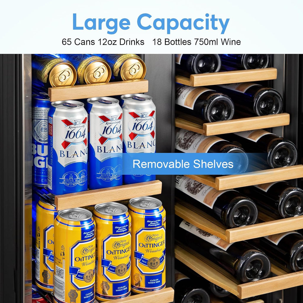 FoMup Wine and Beverage Refrigerator with Glass Door, 24-Inch Dual Zone Wine Fridge Under Counter - 18 Bottle and 88 Can Large Capacity Led Blue Light Smart Fast Cooling Wine Cooler