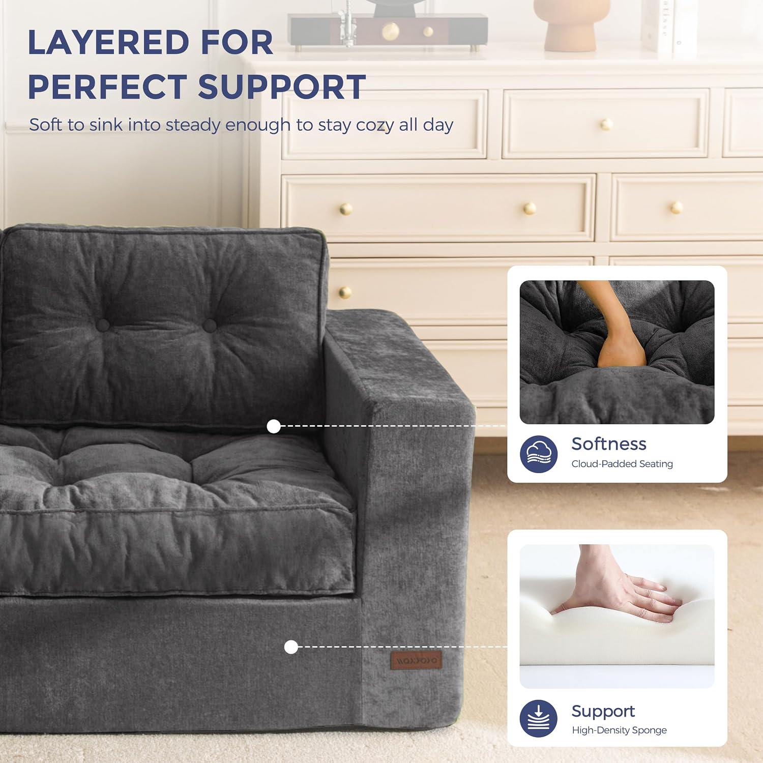 MAXYOYO 3-Seater Boneless Sofa Couch, Tufted Sofa Lounge for Living Room, Comfy Bean Bag Chair High-Density Foam Couch with Pillows, No Assembly Required