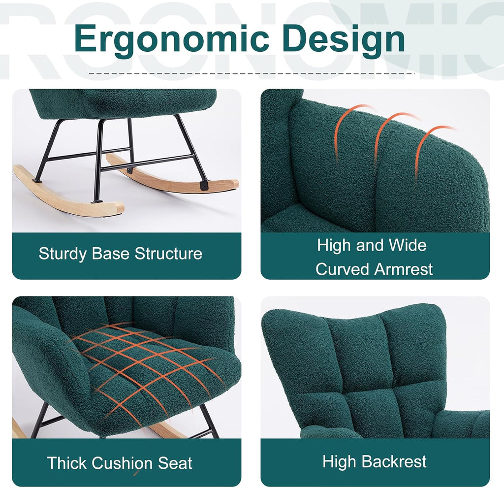 Rocking Chair Nursery, Teddy Upholstered Glider Rocker with High Backrest, Reading Chair Modern Rocking Accent Chairs Glider Recliner for Living Room, Nursery, Bedroom (Green)