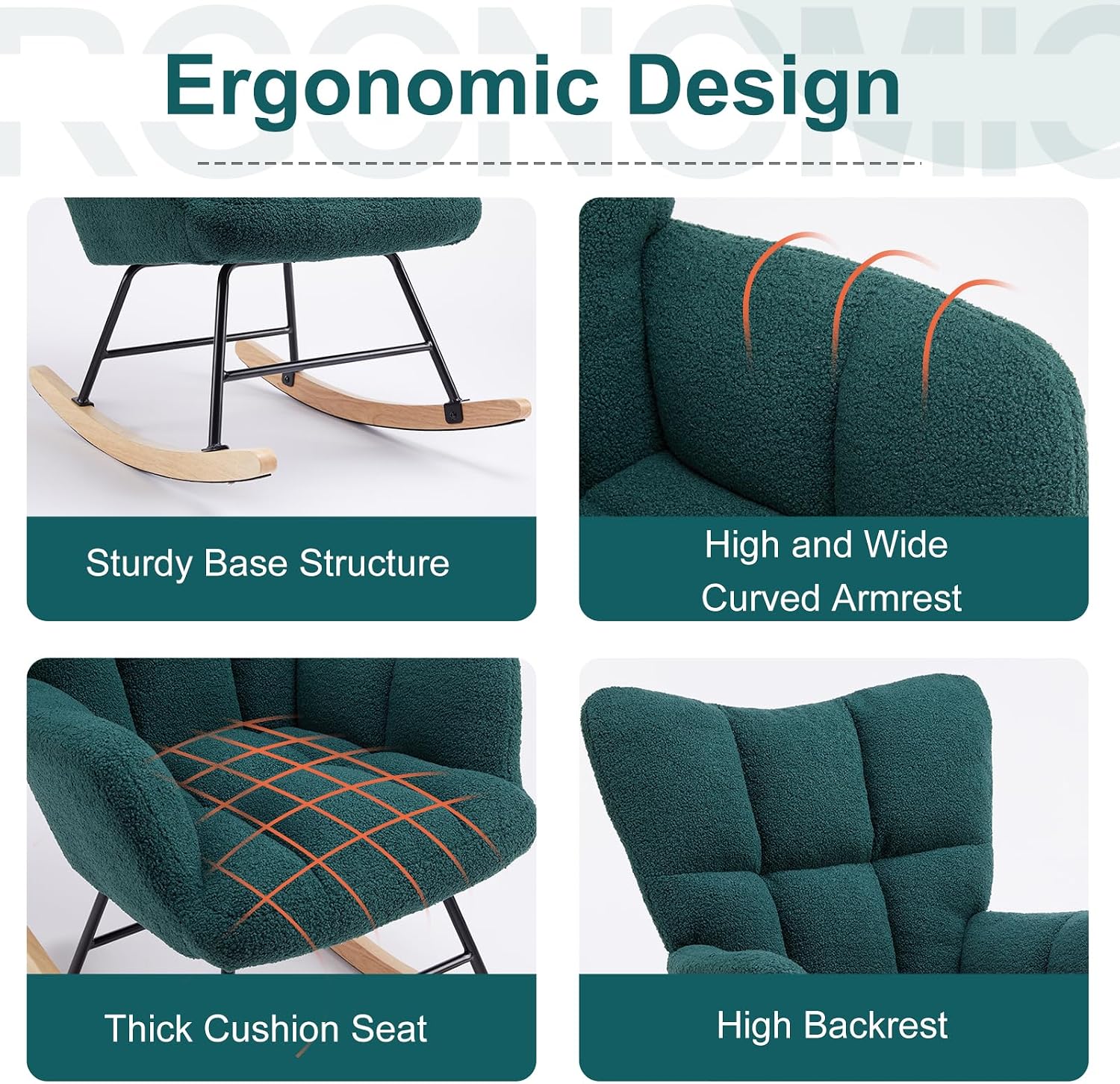 Rocking Chair Nursery, Teddy Upholstered Glider Rocker with High Backrest, Reading Chair Modern Rocking Accent Chairs Glider Recliner for Living Room, Nursery, Bedroom (Green)