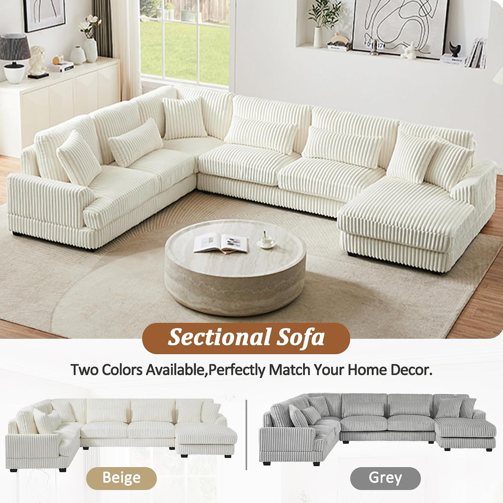 Ball & Cast 129' Oversized Sectional Sofa U-Shaped Sofa Couch with a Chaise Lounge Corduroy Modern Sofas Comfy Couches for Living Room, Beige