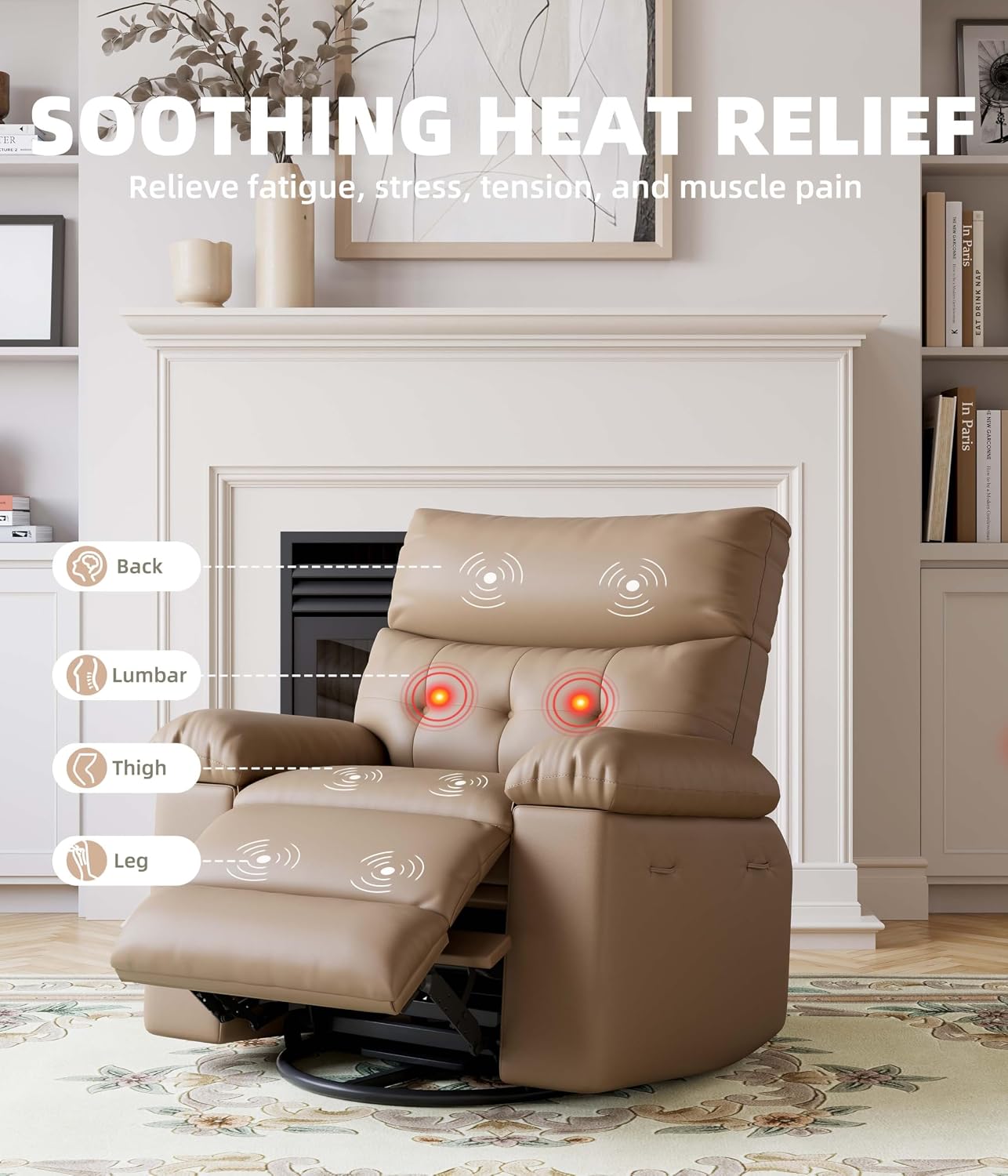 GarveeHome Oversized Power Rocker Swivel Recliner Chair - Heat and Massage, PU Leather Electric Glider Rocking Chair with USB Port, Glider Recliner Nursery Chair for Living Room, Bedroom, Nursery