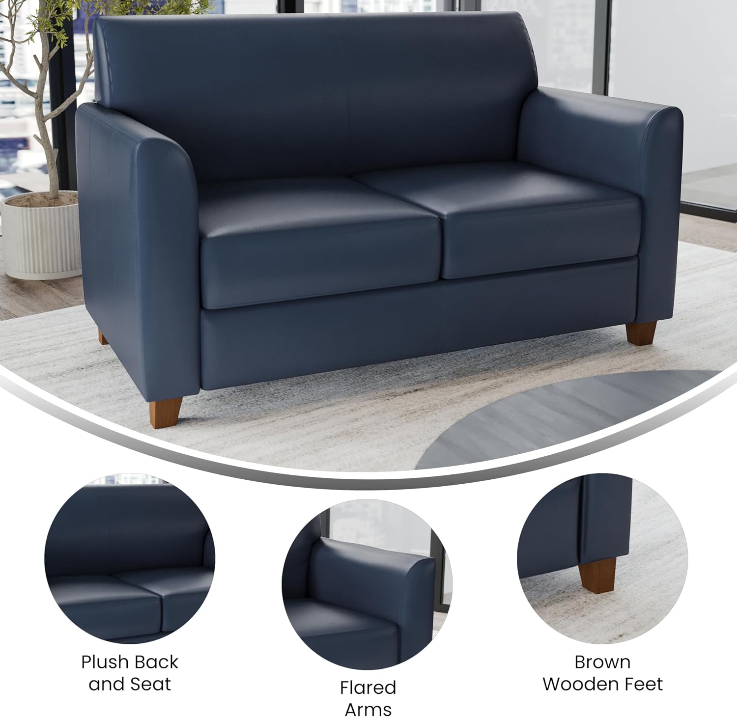Flash Furniture Hercules Diplomat Series LeatherSoft Upholstered Loveseat, Modern Small Sofa for Living Room or Office, Navy