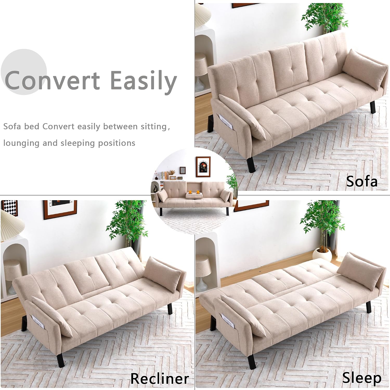 70' Futon Sofa with Cupholders,Adjustable Backrest Cotton Linen with Cup Holders and 2 Throw Pillows Sleeper Sofa for Living Room Apartment Small Space (Beige)