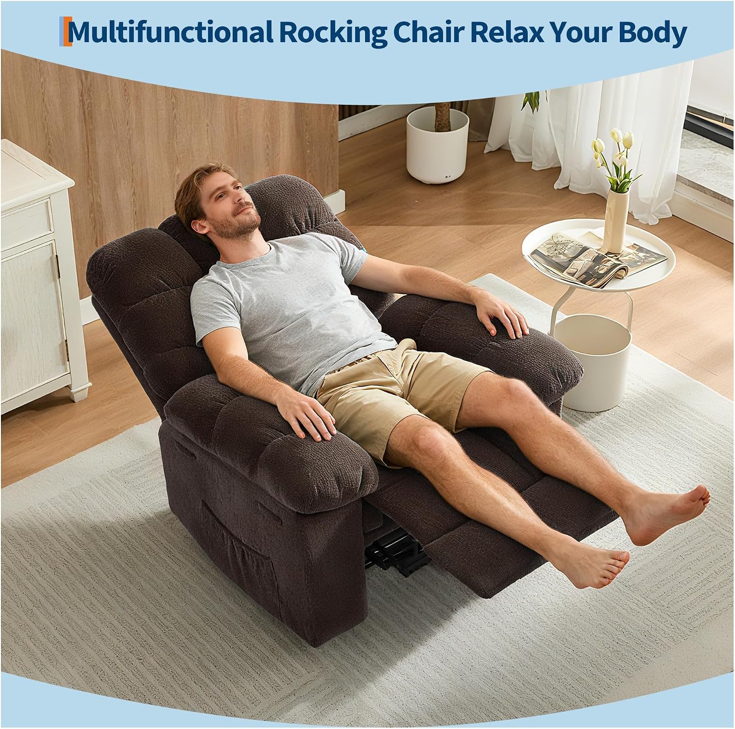 Manual Recliner Chair, Oversized Recliner for Adults with Extra Wide Arm and Back, Lazy Boy Recliner with Side Pockets, Comfy Breathable Fabric Large Nursery Rocking Chair for Living Room Bedroom