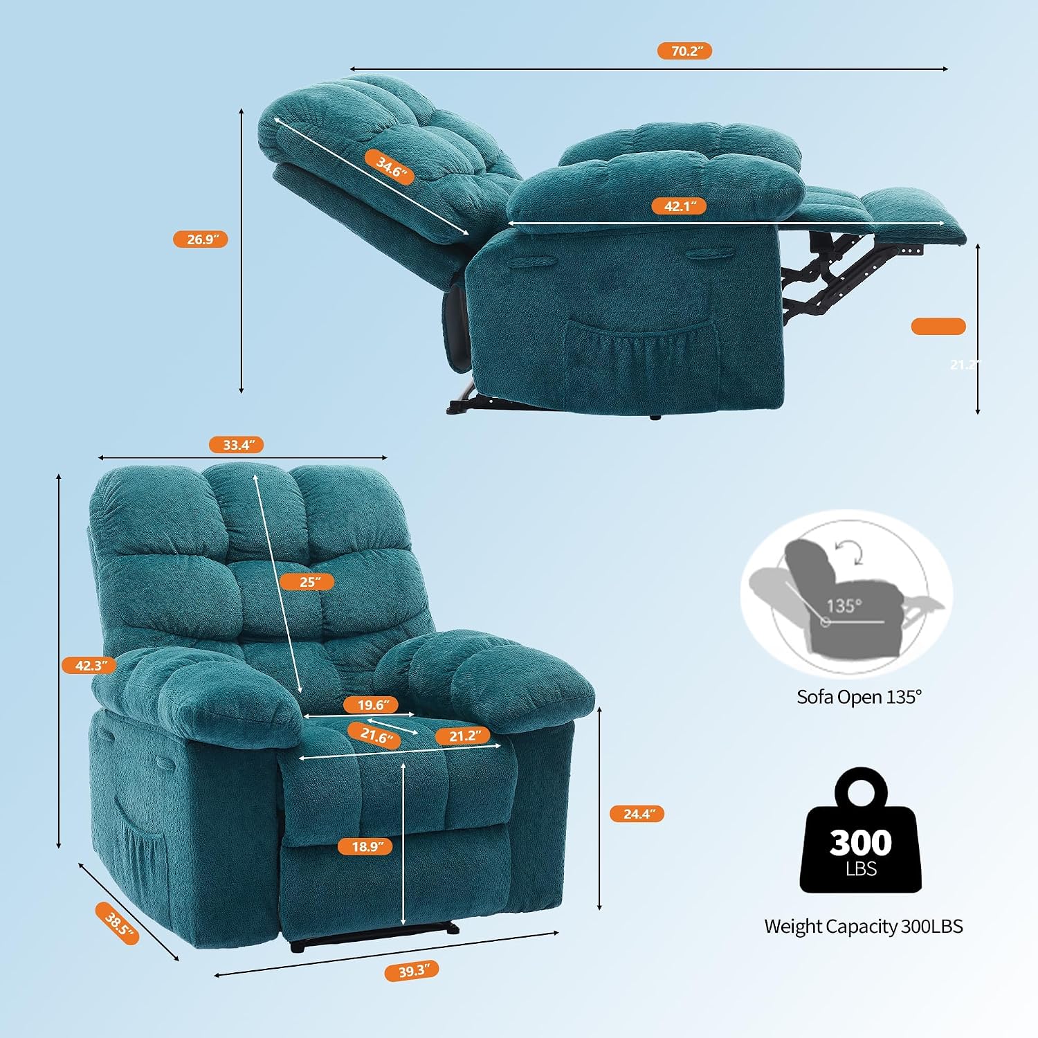 Manual Recliner Chair, Oversized Recliner for Adults with Extra Wide Arm and Back, Lazy Boy Recliner with Side Pockets, Comfy Breathable Fabric Large Nursery Rocking Chair for Living Room Bedroom
