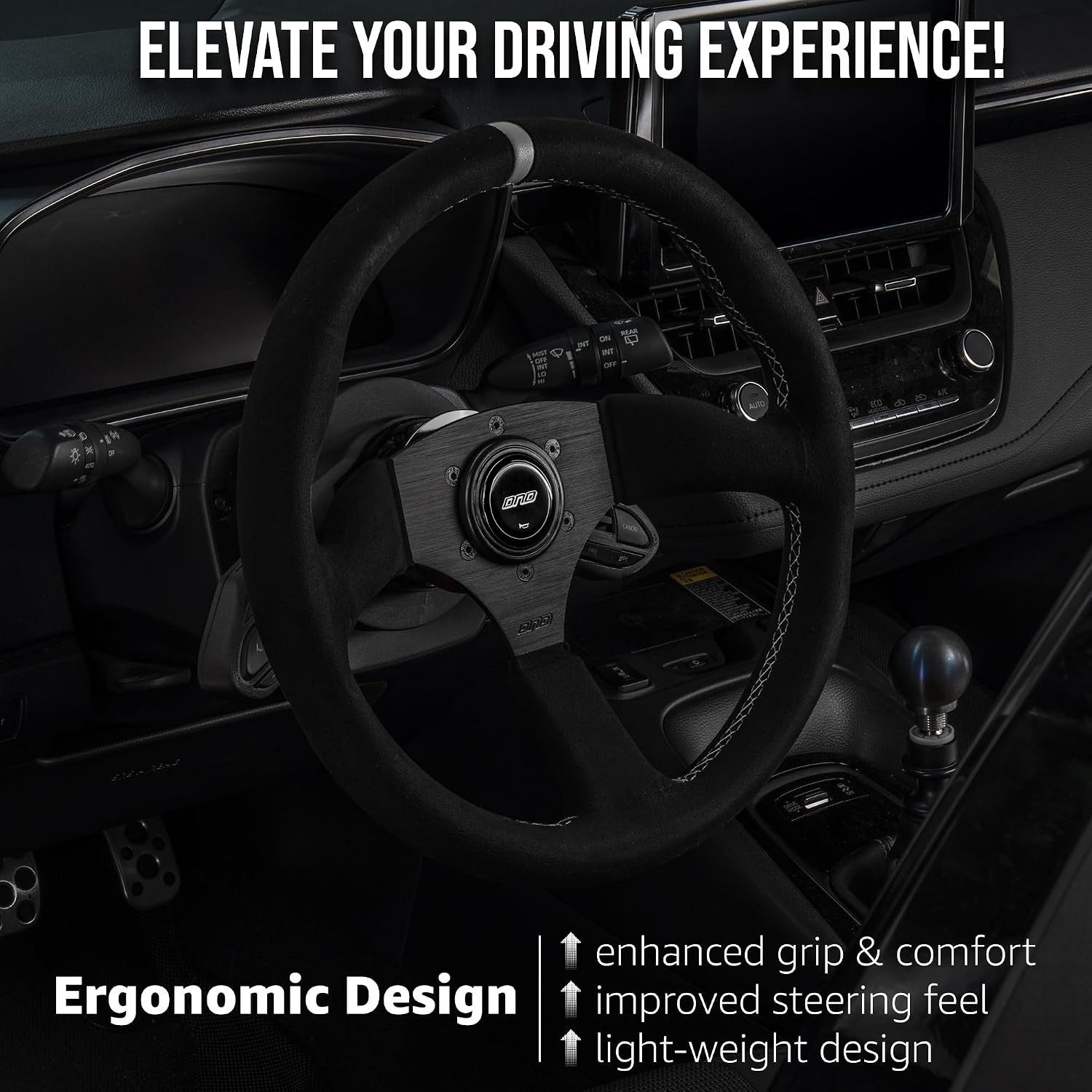 DND Performance Interior's Suede Touring Steering Wheel / 350mm Diameter and 50mm Depth / 6x70mm Bolt Pattern/DND Suede Touring Wheel with Horn Button Included (Colored Stitching) (Gray)