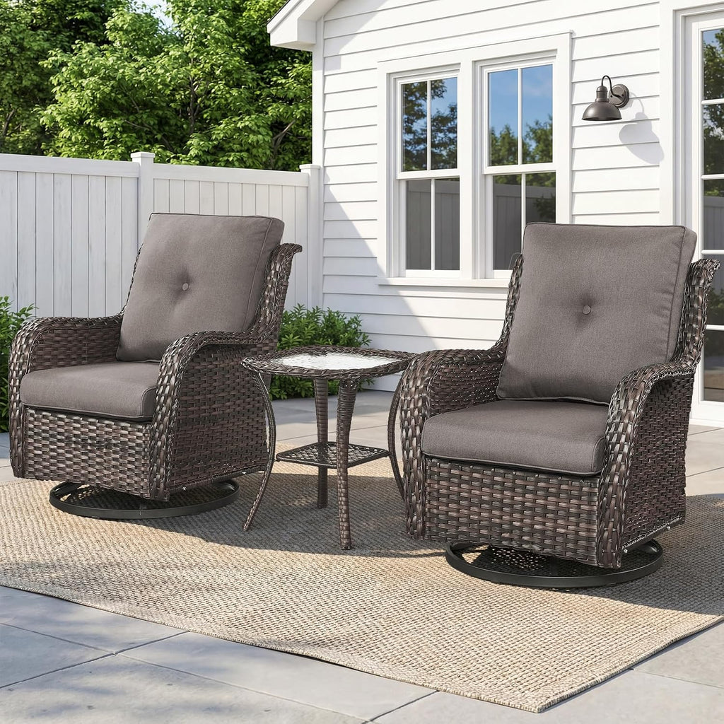 Belord Patio Wicker Chairs Swivel Rocker,Outdoor Patio Furniture Set with Rattan Side Table, All Weather Conversation Set for Porch Poolside Balcony, Brown Wicker/Gray