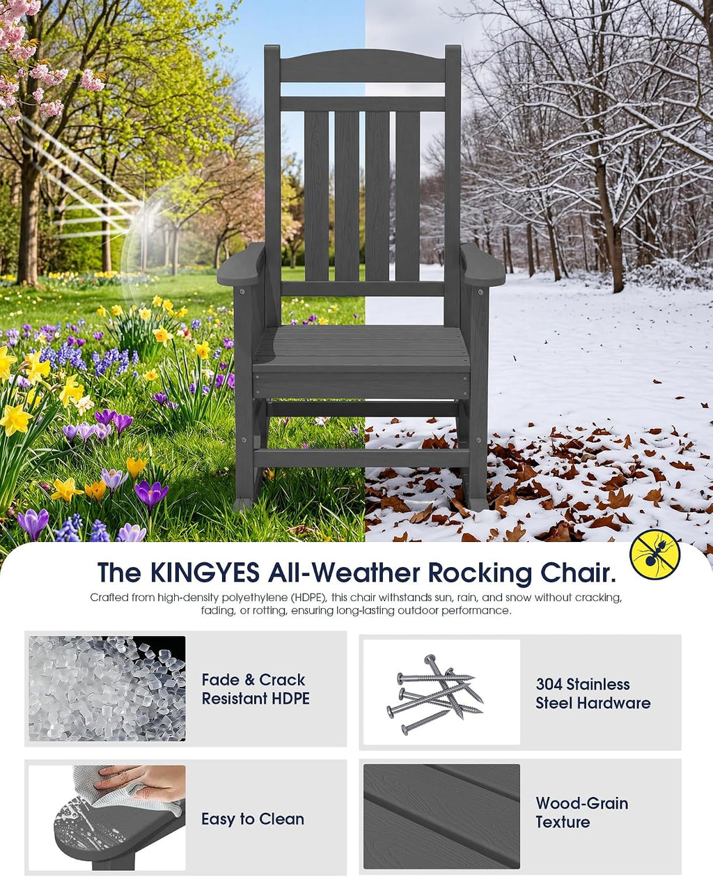 KINGYES Oversized HDPE Patio Rocking Chair Set of 4, Outdoor Rocking Chairs Porch Recliner Rocker for Adults, Grey