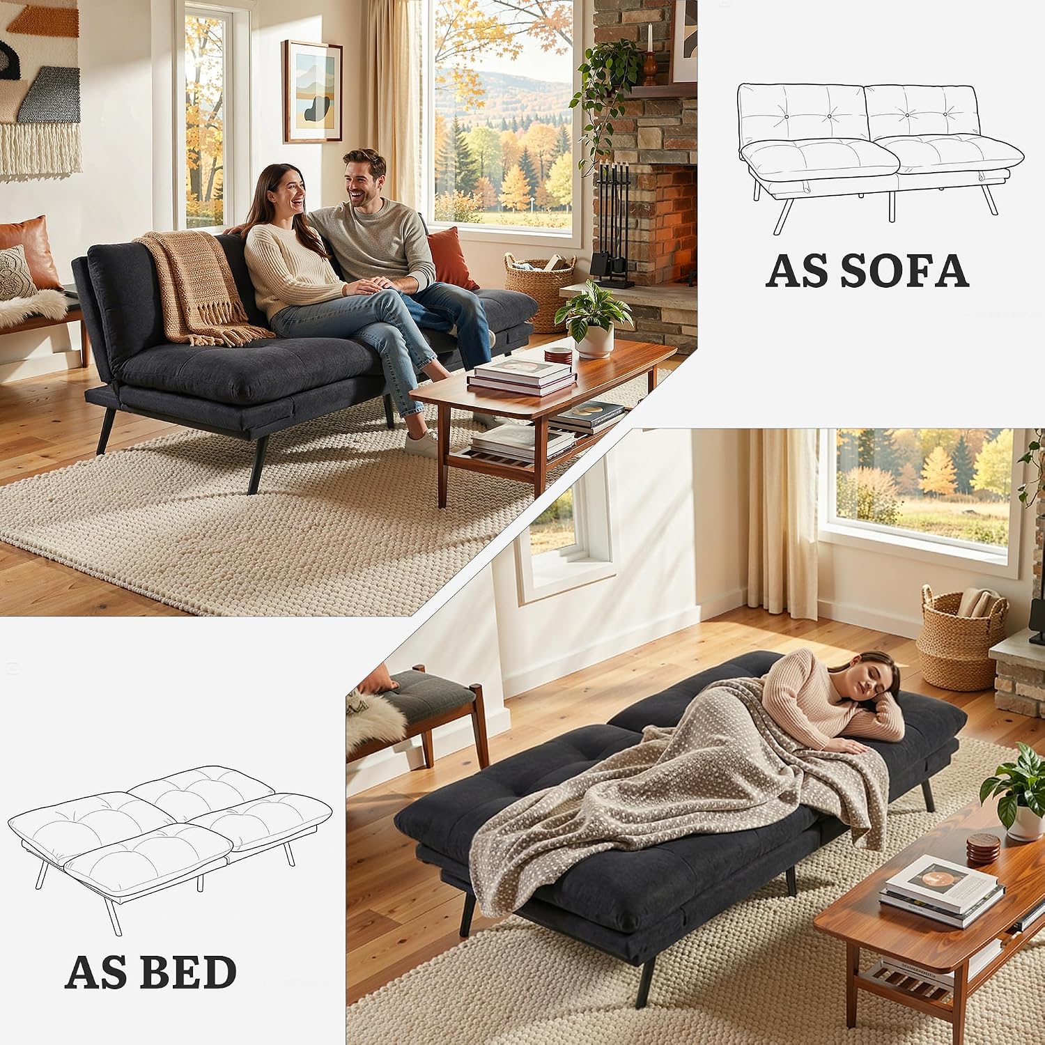 YITAHOME Convertible Futon Sofa Bed with Adjustable 3 Color Light Strip, 70' Folding Futon Set for Living Room Home Office Aprtment, Modern Futon Couch with Adjustable Backrest & Armrests, Black