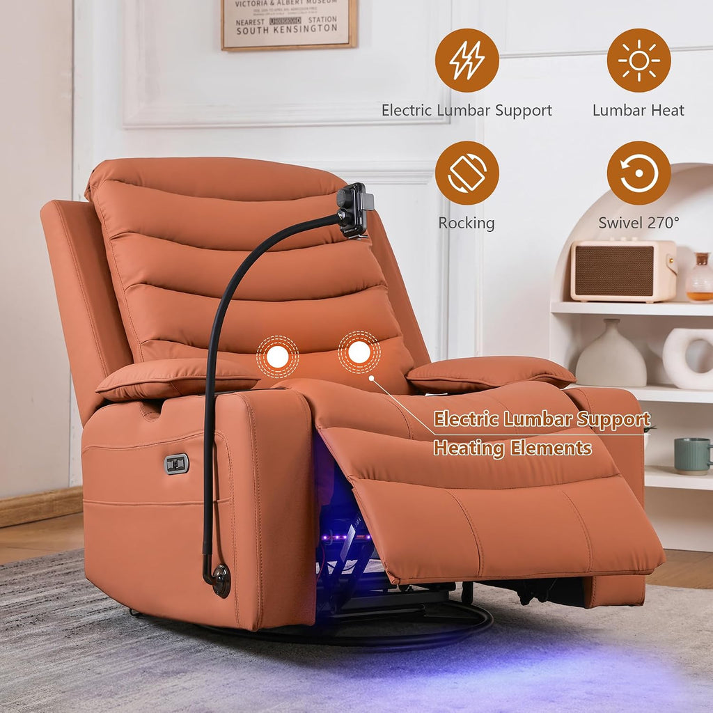 Holaki Rocking Chair Nursery, Oversized Glider Recliner Nursery Chair Swivel Reading Chair with Heated Lumbar Support Smart Cup Holder and Fast-Charging Phone Mount for Breastfeeding(Orange)