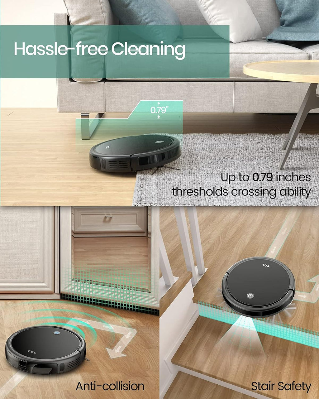 TCL Sweeva 1000 Robot Vacuum Cleaner Ultra Slim 2.76inch, Strong Suction 1500Pa, 120mins Runtime, Washable HEPA Filter, Good for Pet Hair, Hard Floor & Carpets