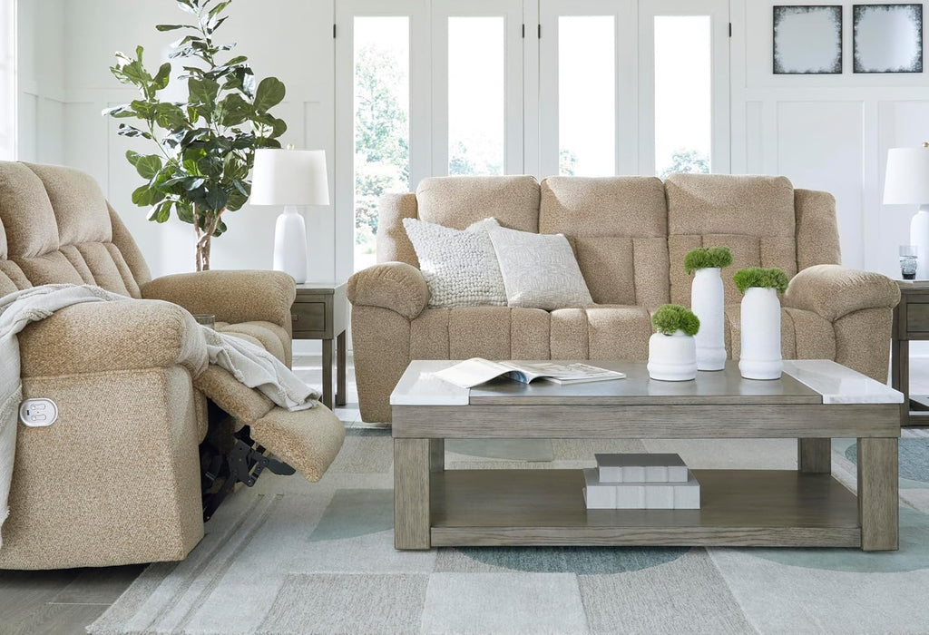 Signature Design by Ashley Tip-Off Classic Wall Hugger Power Reclining Loveseat with Adjustable Headrest, USB Ports, Storage and Cup Holders, Light Brown