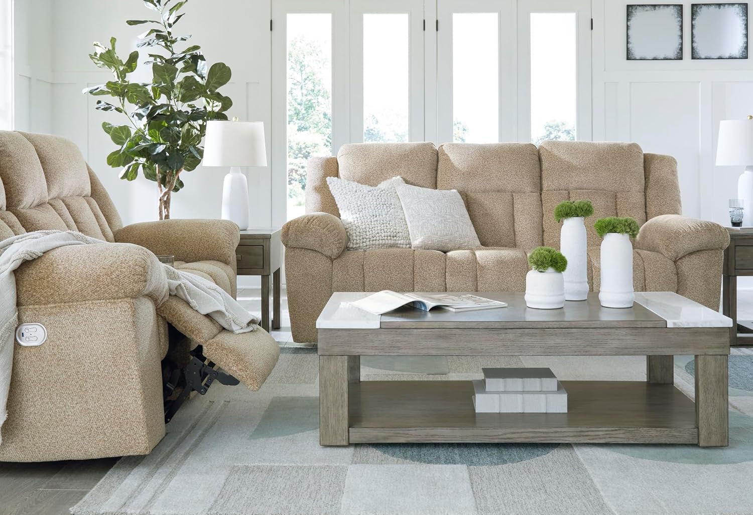 Signature Design by Ashley Tip-Off Classic Wall Hugger Power Reclining Loveseat with Adjustable Headrest, USB Ports, Storage and Cup Holders, Light Brown