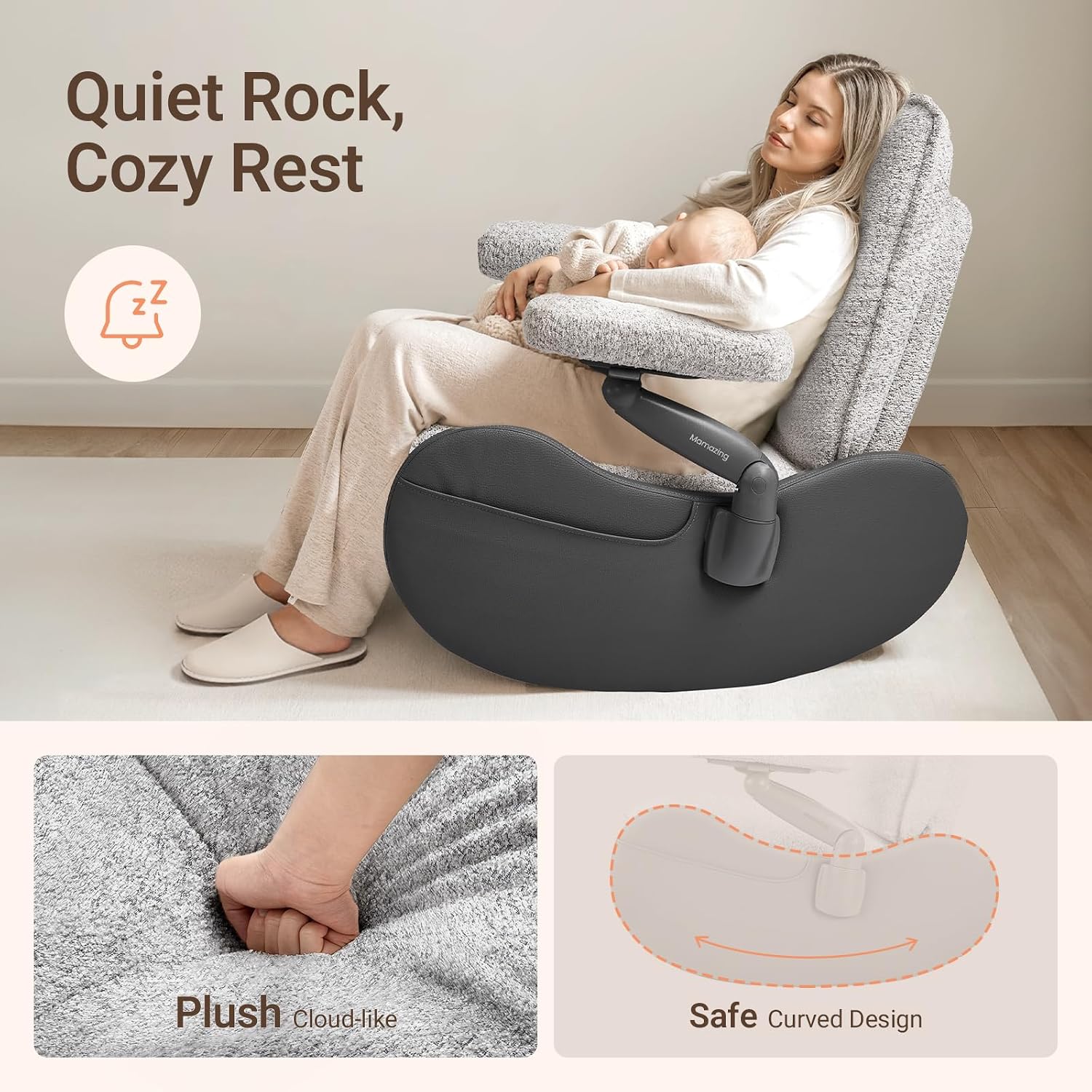 MAMAZING Lullabud Nursery Rocking Chair Glider with Ottoman for Breastfeeding, Upholstered Nursing Chair with Removable Cover for Mom and Baby, Reading Chair for Bedroom, Living Room(Black/Grey)