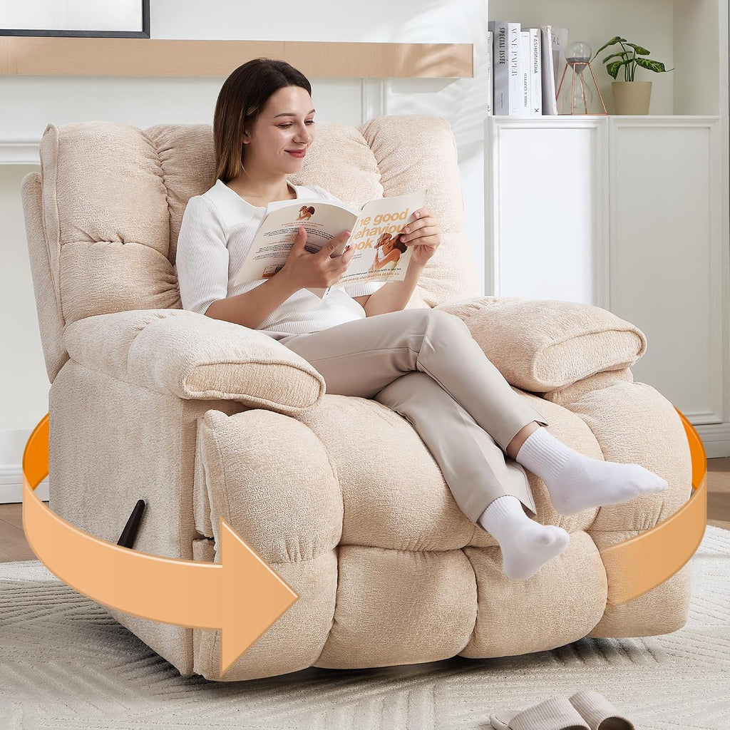 Oversized Manual Recliner Chair with 360° Swivel, Big and Tall Rocker Glider for Nursery Living Room, Chenille Overstuffed Reclining Sofa with Handle, 375lbs (Beige, Manual)