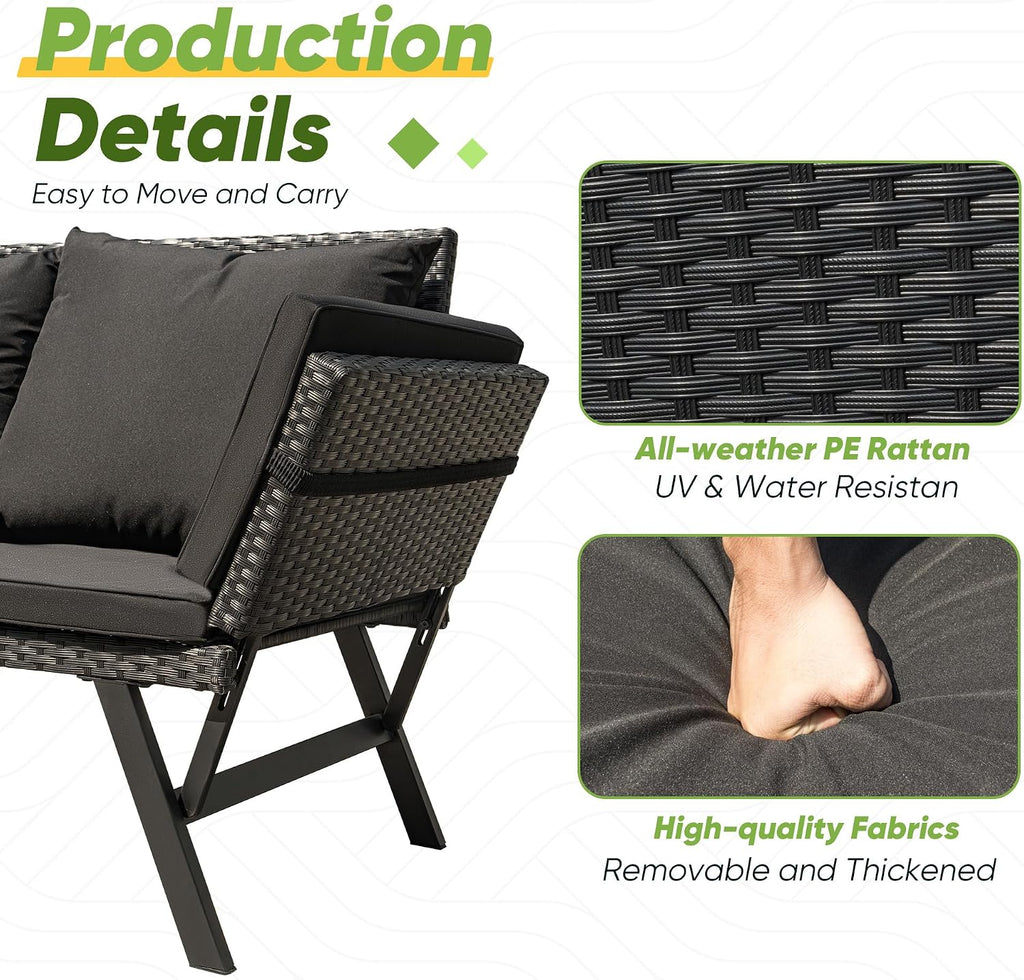 Greesum Outdoor Sofa, Woven Rattan Patio Furniture, Convertible Daybed or Double Chair with Adjustable Armrests, Cushions and Pillows for Yard, Porch, Pool, Black Lounger & Black Pillowcase