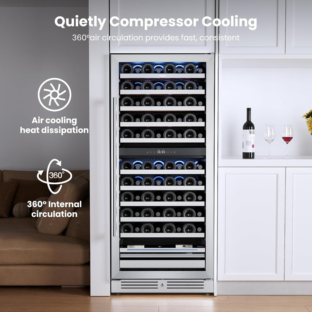 Yeego 24 Inch Wine Fridge, 40°F-65°F Dual Zone Wine Cooler Refrigerator, 304 Stainless Steel Glass Door Lock, Temp Memory Blue & White LED Built-in Fridge with Adjustable Shelves (89 Bottle)