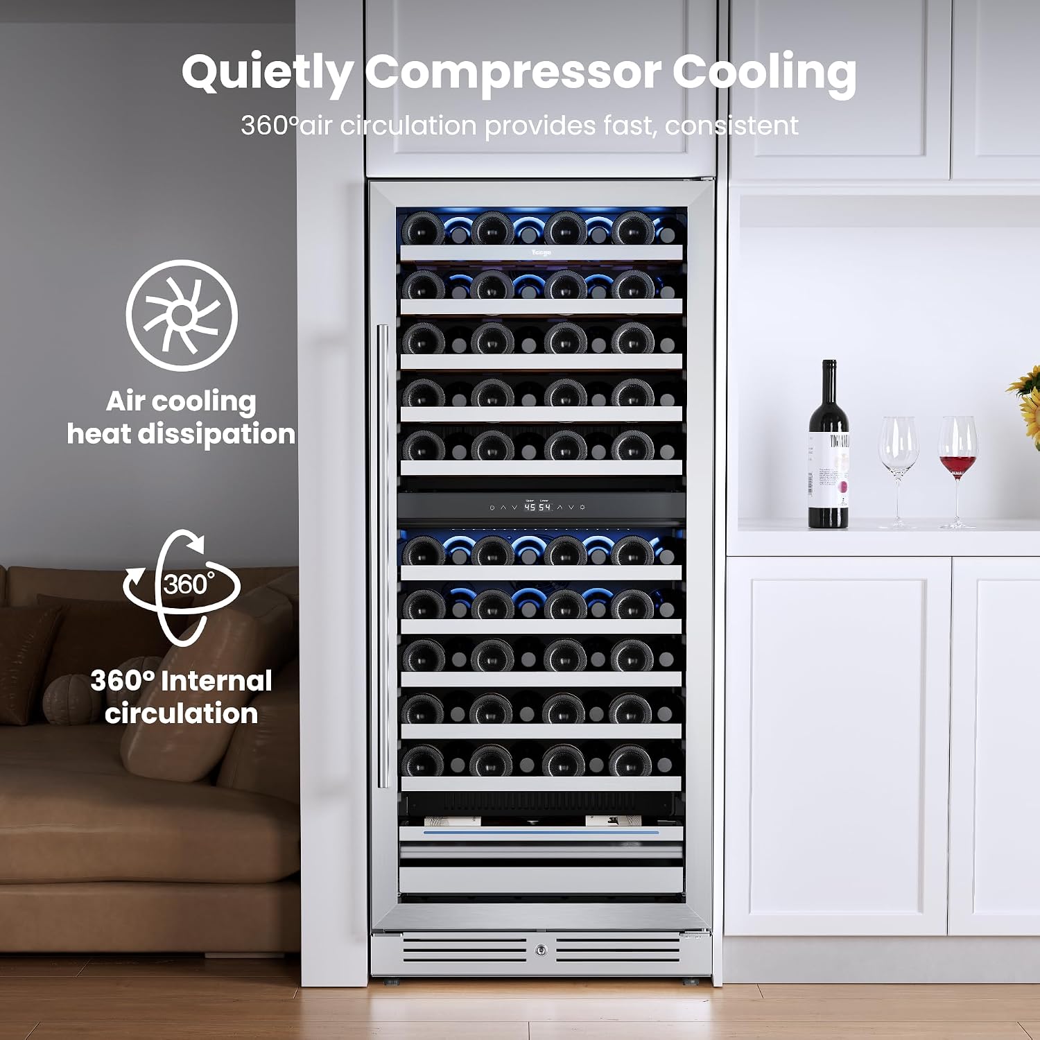 Yeego 24 Inch Wine Fridge, 40°F-65°F Dual Zone Wine Cooler Refrigerator, 304 Stainless Steel Glass Door Lock, Temp Memory Blue & White LED Built-in Fridge with Adjustable Shelves (89 Bottle)