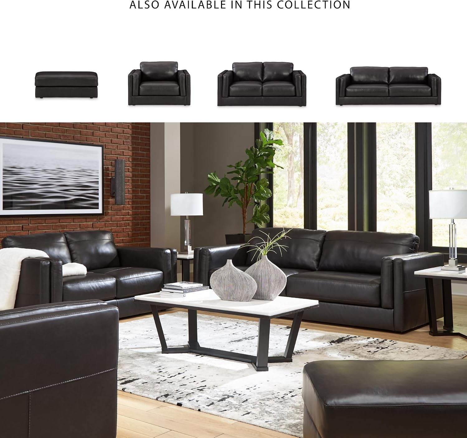 Signature Design by Ashley Amiata Modern Leather Match Sofa with Non-skid Legs, Black